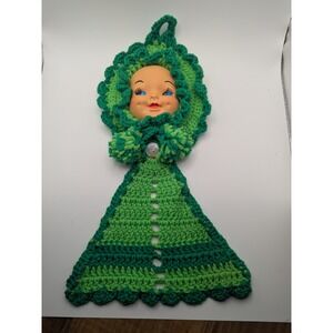 Vtg Handmade Crochet Baby Doll Face Kitchen Towel Potholder Two-Tone Green